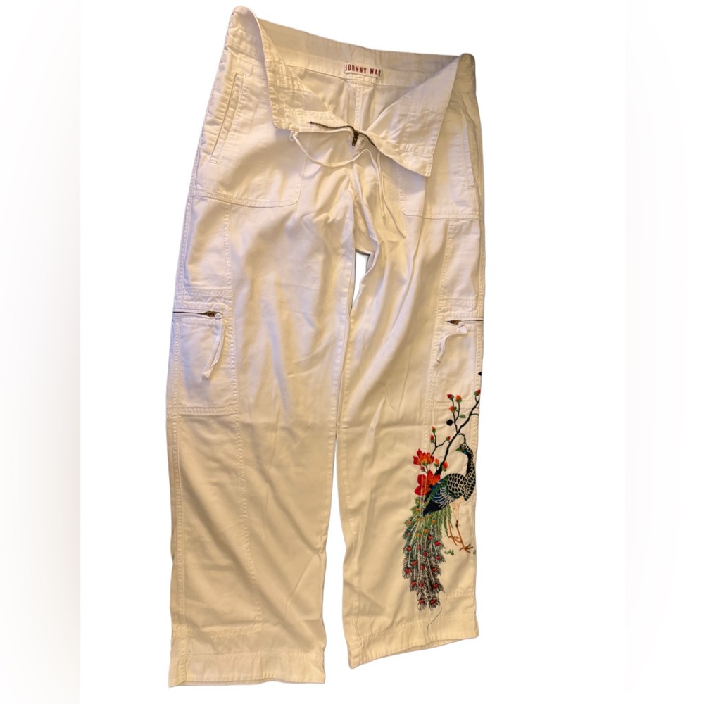 Johnny Was White Embroidered Peacock Bird Cargo Capri Pants Size S